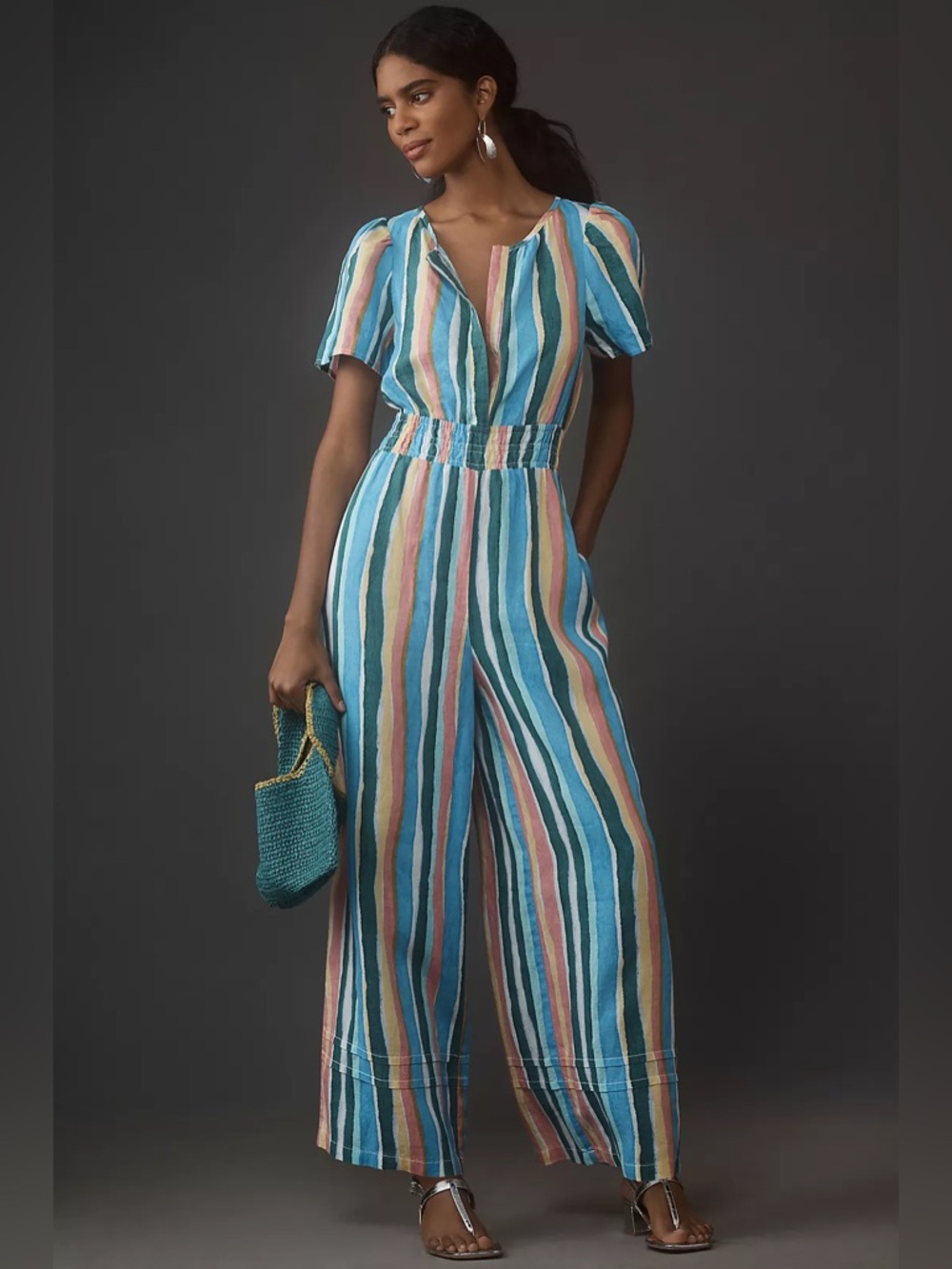 Anthropologie Somerset Striped Wide-Leg Jumpsuit in Teal & Multi-Color